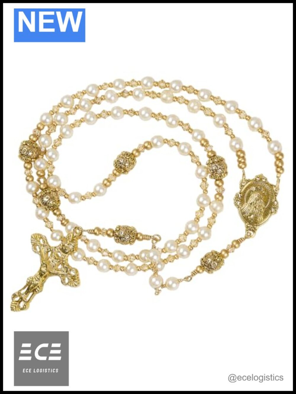 Handmade Catholic Rosary White Shell Pearl Gold Plated Lava Rock Beads